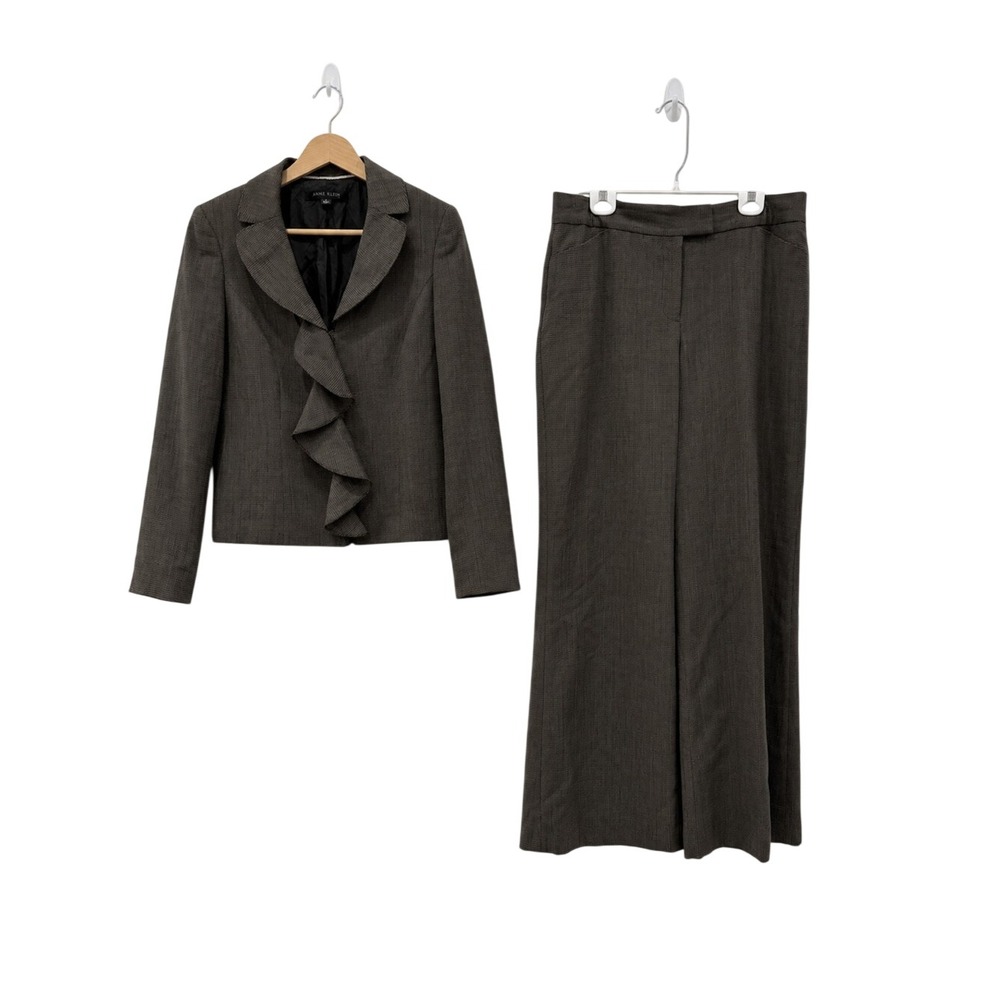 Anne Klein 2 Piece Pantsuit Size 12 Gray Wool Blend Ruffle Jacket Wide Leg Pants